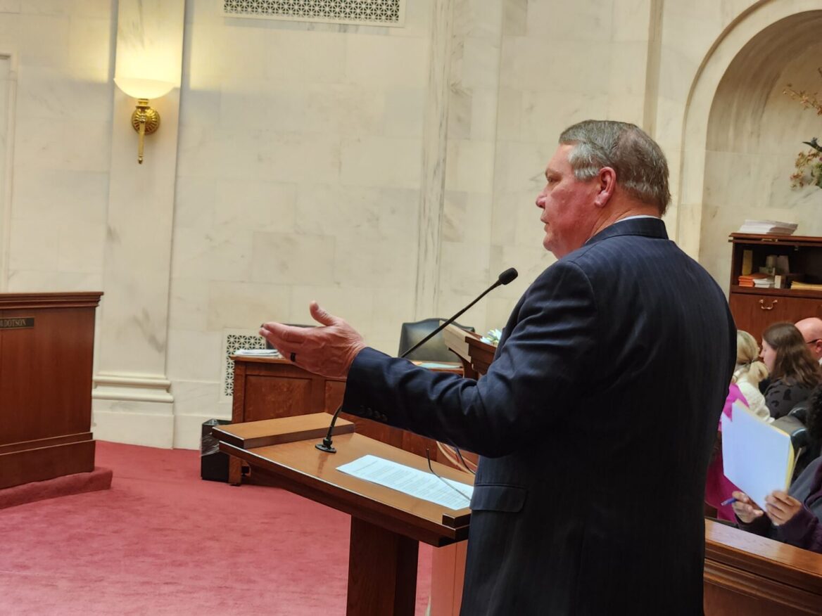 Sen. Bryan King, R-Green Forest, speaks against Senate Bill 354, the $750 million Franklin County prison appropriation, on the Senate floor on Monday, April 7, 2025. (Tess Vrbin/Arkansas Advocate)